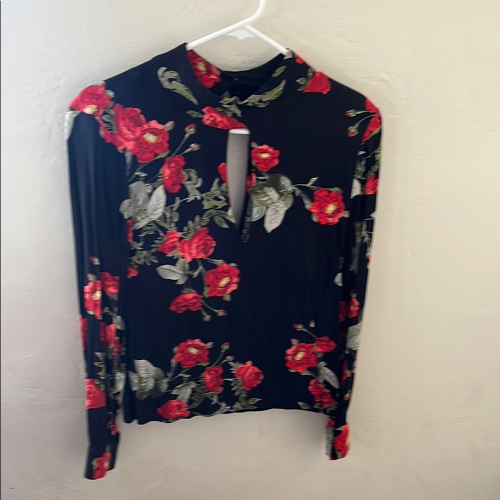 Floral Black and Red Rose Women's Top with open slit in back